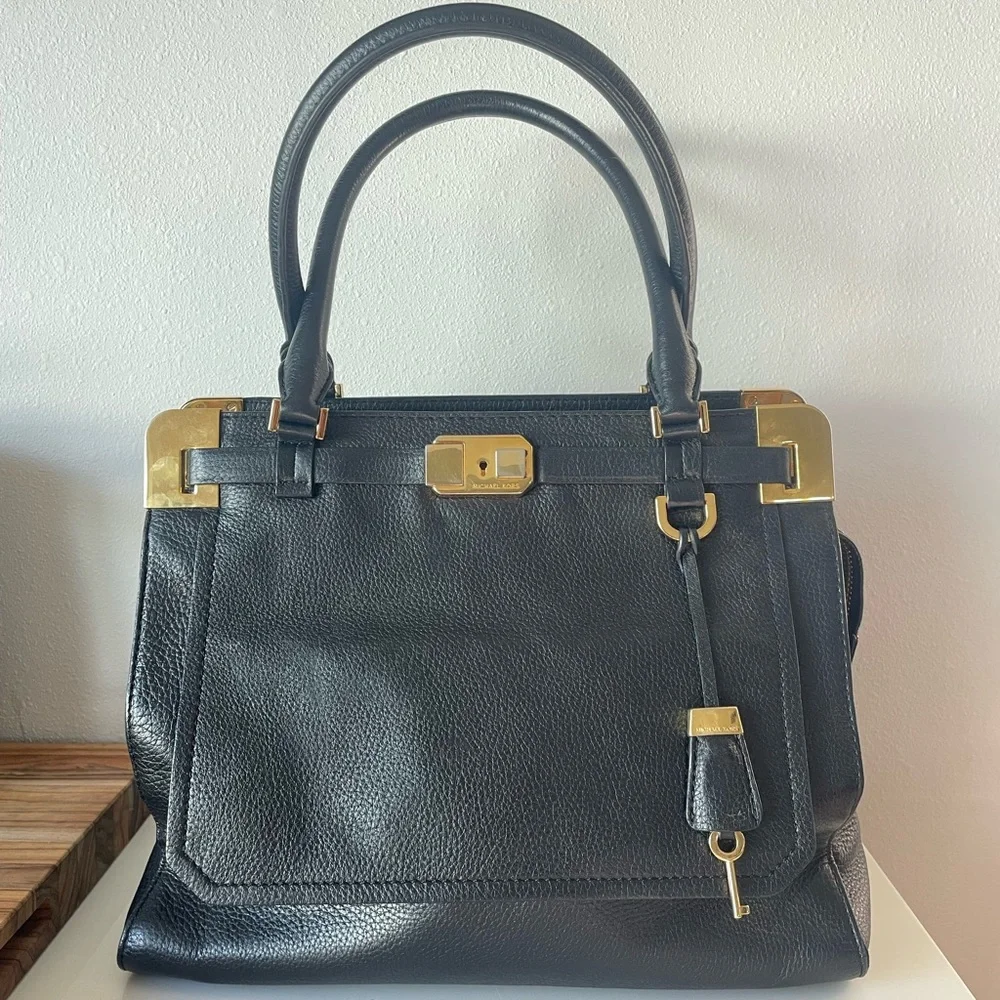 Michael Kors Collection Blake Satchel, Black Leather Gold Hardware GUC - Picture 2 of 6